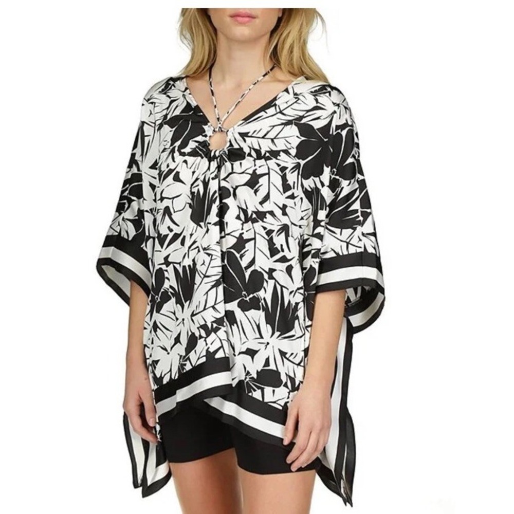 Michael Kors Satin Poncho Top Womens L XL Black White V Neck Ruffle Logo Blouse